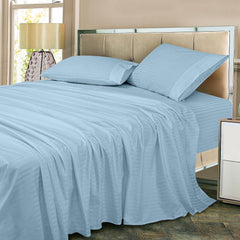 Royale Linens 300 Thread Count 100% Long Staple Combed Cotton Striped Sheet Set - 4 Piece Bed Sheet - 1 Fitted Sheet, 1 Flat Sheet, 2 Pillowcase -Cool & Crisp Sheet Set (Stripe Lake Blue)