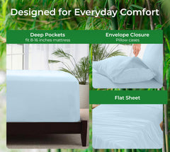 Royale Linen Bamboo Viscose Sheet Set - Cooling Bed Sheet Set - 1 Fitted 1 Flat & 2 Pillowcase - Fits Up to 16" - Organic Viscose Derived from Bamboo - Bedding Sheet &Pillowcase (LakeBlue)