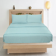 Royale Linens 300 Thread Count 100% Long Staple Combed Cotton Striped Sheet Set - 4 Piece Bed Sheet - 1 Fitted Sheet, 1 Flat Sheet, 2 Pillowcase -Cool & Crisp Sheet Set (Stripe Lake Blue)