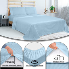 Royale Linens 300 Thread Count 100% Long Staple Combed Cotton Striped Sheet Set - 4 Piece Bed Sheet - 1 Fitted Sheet, 1 Flat Sheet, 2 Pillowcase -Cool & Crisp Sheet Set (Stripe Lake Blue)