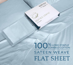 400 Thread Count 100% American Grown Cotton Flat Sheet - Cooling Sheets - Sheets - Luxury Sateen Weave - Flat Sheet Sold Separately - Soft Blue Flat Sheet Only (Caribbean Blue)
