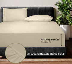 Royale Linens Bamboo Viscose Sheet Set - Cooling Bed Sheet Set - 1 Fitted, 1 Flat & 2 Pillowcase - Fits Up to 16" - Organic Viscose Derived from Bamboo - Bedding Sheet & Pillowcase (Sand)