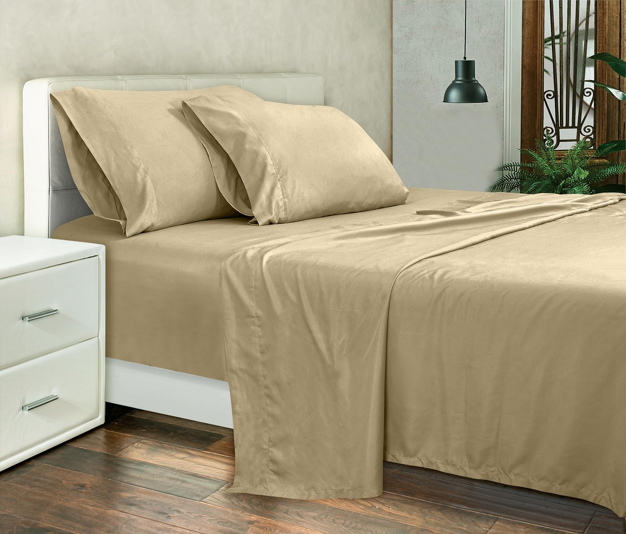 ROYALE LINENS 300 Thread Count 100% Long Staple Combed Cotton Sheet Set - 4 Piece Bed Sheet 1 Fitted Sheet, 1 Flat Sheet, 2 Pillow case - Breathable, Cool & Crisp Percale Sheet Set (Beige)