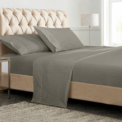 ROYALE LINENS 300 Thread Count 100% Long Staple Combed Cotton Printed Sheet Set - 4 Piece Bed Sheet - 1 Fitted Sheet, 1 Flat Sheet, 2 Pillow case - Cool & Crisp Sheet Set ( Stripe Silver)