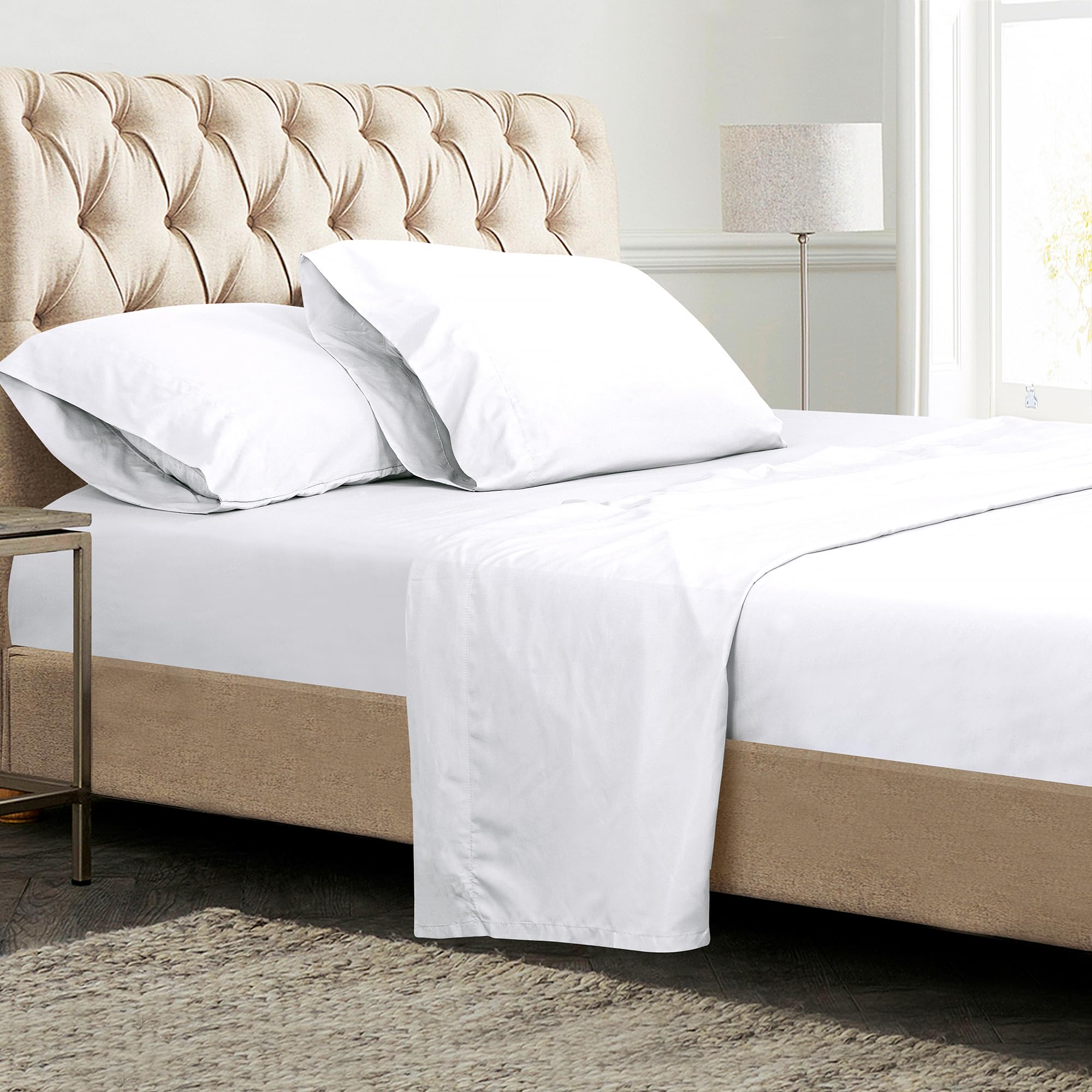ROYALE LINENS 300 Thread Count 100% Long Staple Combed Cotton Sheet Set - 4 Piece Bed Sheet 1 Fitted Sheet, 1 Flat Sheet, 2 Pillow case - Breathable, Cool & Crisp Percale Sheet Set (White)