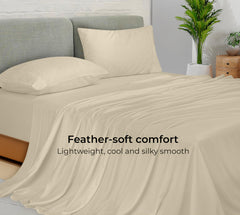 Royale Linens Bamboo Viscose Sheet Set - Cooling Bed Sheet Set - 1 Fitted, 1 Flat & 2 Pillowcase - Fits Up to 16" - Organic Viscose Derived from Bamboo - Bedding Sheet & Pillowcase (Sand)