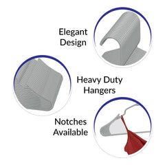 ROYALE Grey Plastic Hangers for Clothes - Heavy Duty Plastic Clothes Hanger Ideal for Everyday Standard Use - Lightweight & Space Saving Notched Plastic Hangers - Slim & Sleek Shoulder Groove