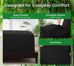 Royale Linen Bamboo Viscose Sheet Set - Cooling Bed Sheet Set - 1 Fitted, 1 Flat & 2 Pillowcase - Fits Up to 16" - Organic Viscose Derived from Bamboo - Bedding Sheet & Pillowcase (Black)