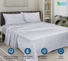 ROYALE LINENS 400 Thread Count 100% American Grown Cotton 4 Piece Sateen Sheet Set - 1 Fitted Sheet, 1 Flat Sheet, 2 Pillow case - Silver Bedsheet - Cotton Sheets - ( Spanish Silver)