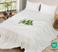 Royale Linen Bamboo Viscose Sheet Set - Cooling Bed Sheet Set - 1 Fitted, 1 Flat & 2 Pillowcase - Fits Up to 16" - Organic Viscose Derived from Bamboo - Bedding Sheet & Pillowcase (White)