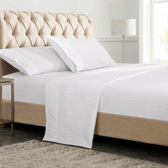 ROYALE LINENS 300 Thread Count 100% Long Staple Combed Cotton Printed Sheet Set - 4 Piece Bed Sheet - 1 Fitted Sheet, 1 Flat Sheet, 2 Pillow case - Cool & Crisp Sheet Set ( Stripe White)