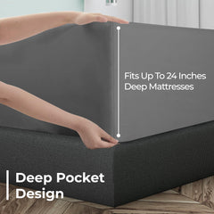 Royale Linens Extra Deep Pocket Fitted Sheet Only - Soft Grey Fitted Sheet Deep Pocket - Fits 18 inch to 24 inch Thick Mattress - Fitted Sheet Only - Elastic Sheet (Grey)