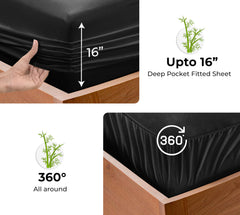 Royale Linens Rayon Derived Bamboo Viscose Fitted Sheet Only - Cooling Fitted Sheets for Bed - Deep Pocket Up to 16" - Organic Viscose Derived from Bamboo - Breathable Bottom Sheet (Black)