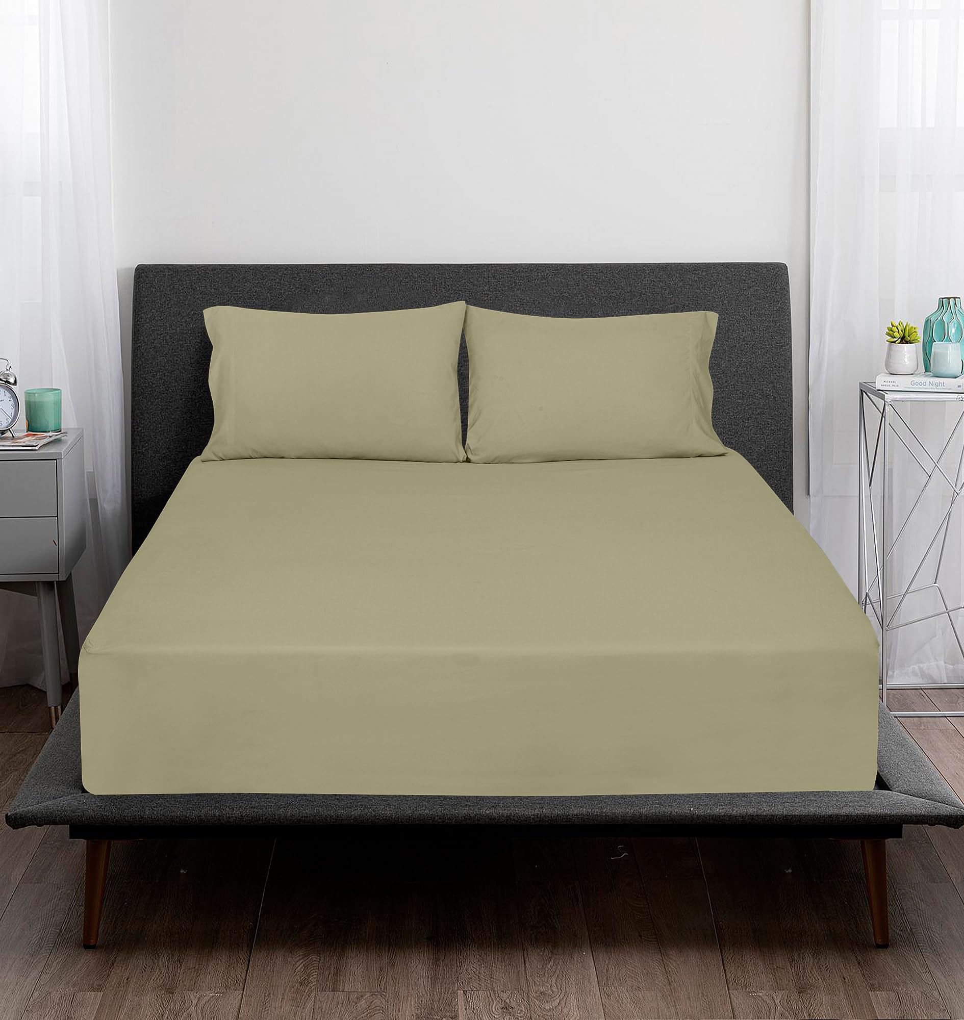 ROYALE LINENS 300 Thread Count 100% Long Staple Combed Cotton Sheet Set - 4 Piece Bed Sheet 1 Fitted Sheet, 1 Flat Sheet, 2 Pillow Cases -Breathable & Crisp Percale Sheet Set (Sage Green)