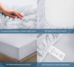Royale Linens 400 Thread Count 100% American Grown Cotton Fitted Sheet - All Around Elastic Fitted Sheet - Luxury Sateen Weave - Snug Fit Bottom Sheet Fit Up to 16" (Spanish Silver)