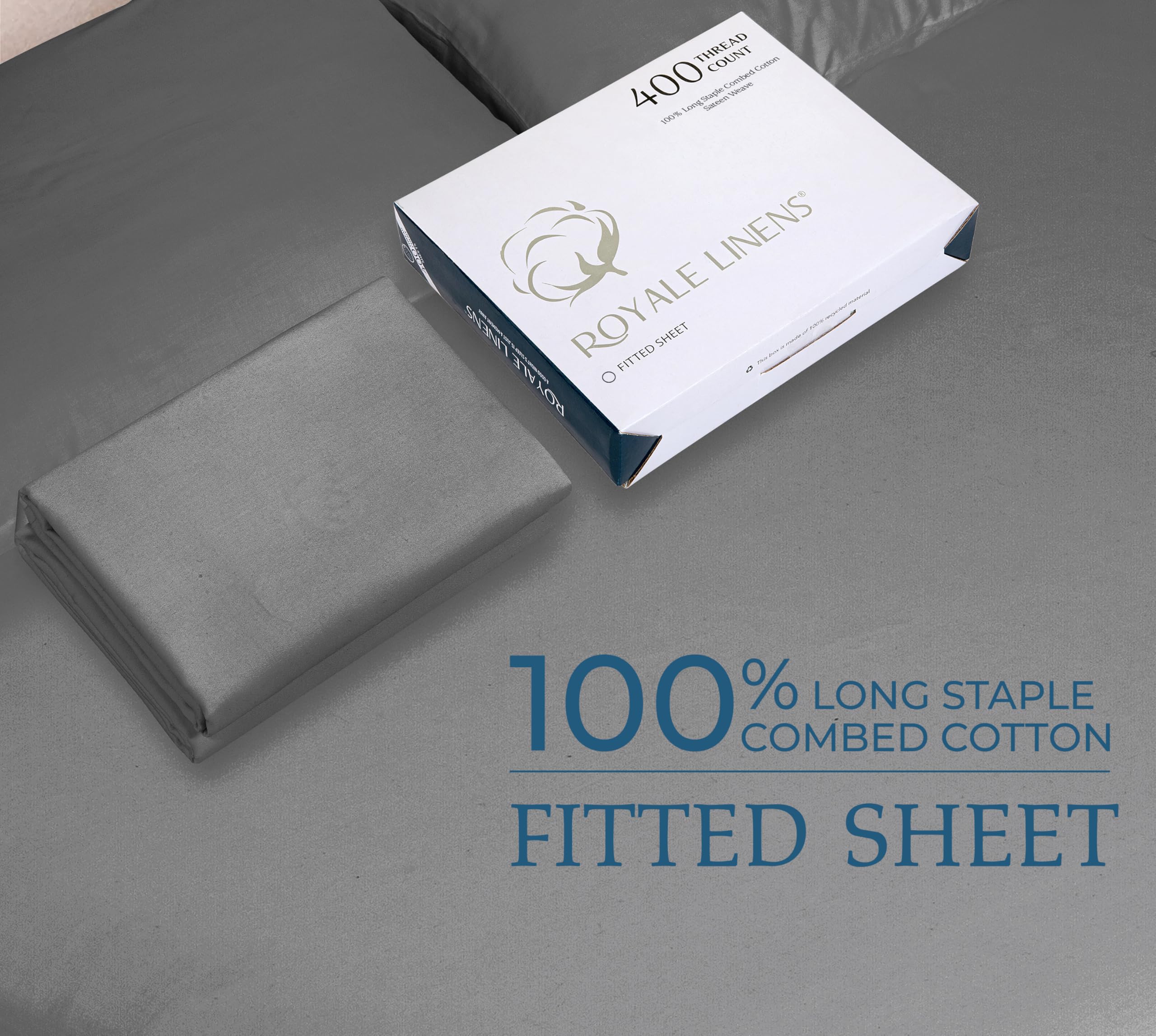 Royale Linens 400 Thread Count 100% Cotton Sateen Fitted Sheet - UltraSoft Wrinkle & Fade Resistant - Bottom Sheet - Deep Pocket Stretches Upto 16" - Fitted Sheet Only - Elastic Sheet (Charcoal)