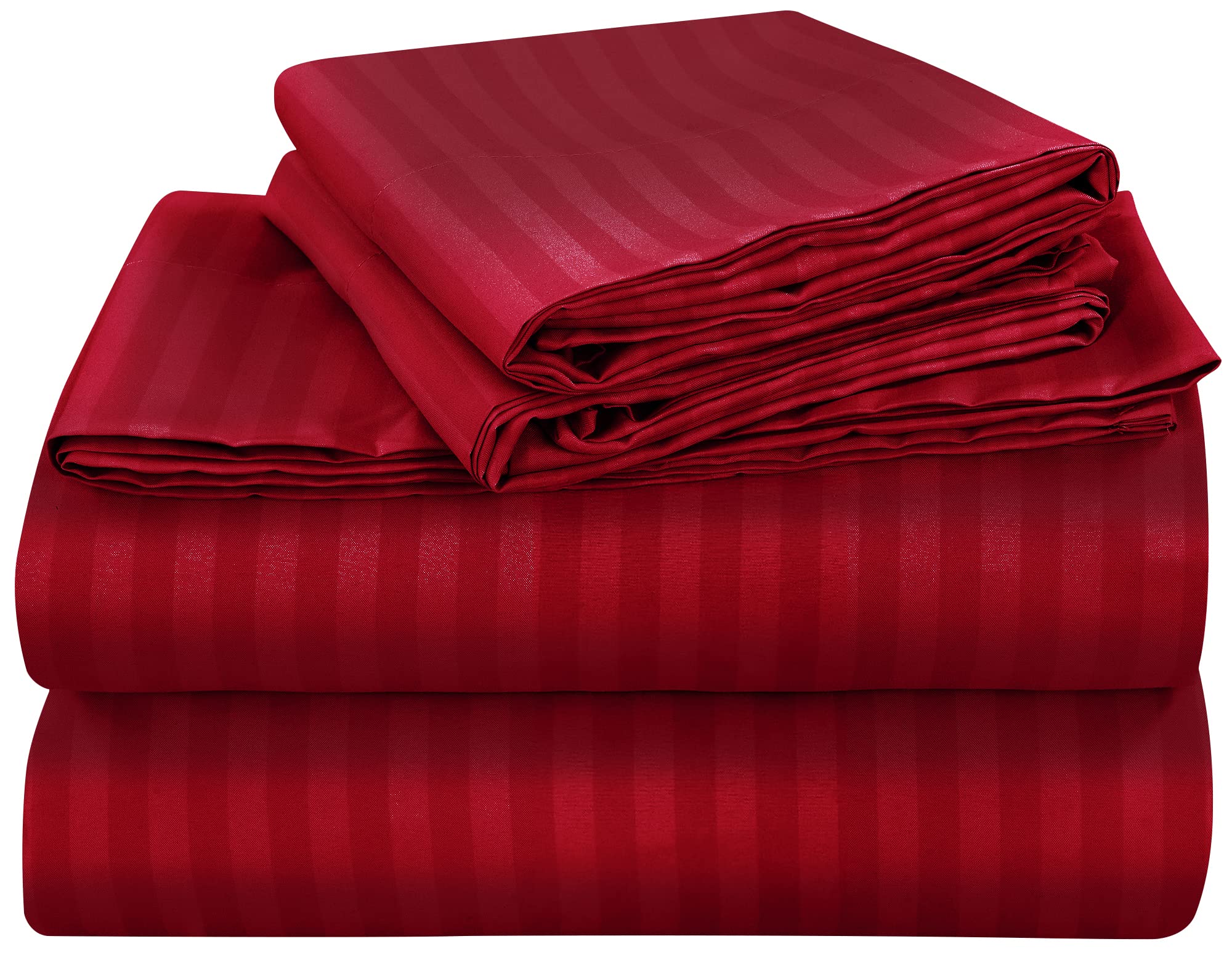 ROYALE LINENS Striped Bed Sheet Set - Microfiber 1800 Bedding - 1 Fitted Sheet, 1 Flat Sheet, 2 Pillowcase - Wrinkle & Fade Resistant - 4 Piece Damask Stripe Bed Sheet Set (Stripe Burgundy)