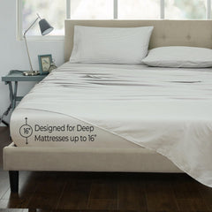 ROYALE LINENS 300 Thread Count 100% Long Staple Combed Cotton Narrow Stripe Sheet Set - 4 Piece Bed - 1 Fitted Sheet, 1 Flat Sheet, 2 Pillow Case - Cool & Crisp Sheet Set (Grey Stripes)