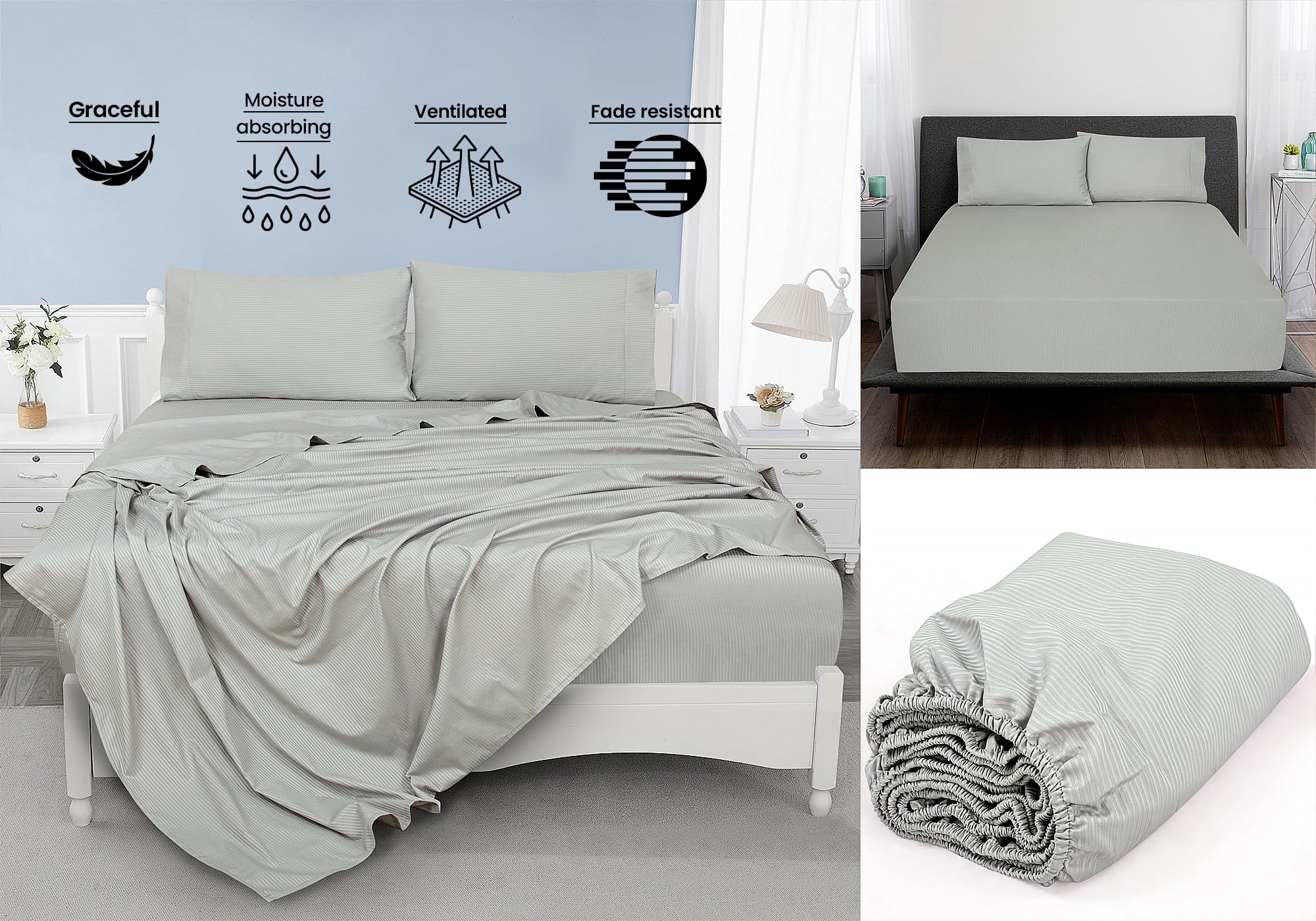 ROYALE LINENS 300 Thread Count 100% Long Staple Combed Cotton Narrow Stripe Sheet Set - 4 Piece Bed - 1 Fitted Sheet, 1 Flat Sheet, 2 Pillow Case - Cool & Crisp Sheet Set (Grey Stripes)