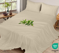 Royale Linens Bamboo Viscose Sheet Set - Cooling Bed Sheet Set - 1 Fitted, 1 Flat & 2 Pillowcase - Fits Up to 16" - Organic Viscose Derived from Bamboo - Bedding Sheet & Pillowcase (Sand)