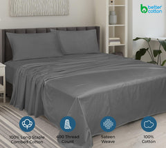 ROYALE LINENS 400 Thread Count 100% American Grown Cotton 4 Piece Sateen Sheet Set - 1 Fitted Sheet, 1 Flat Sheet, 2 Pillow case - Grey Bedsheet - Cotton Sheets - ( Spanish Slate)