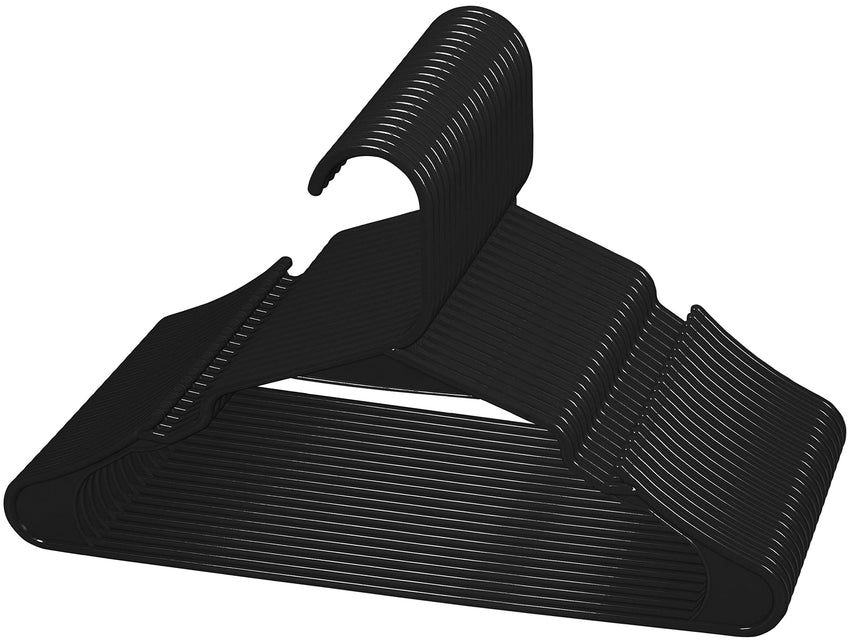 ROYALE Black Plastic Hangers for Clothes - Heavy Duty Plastic Clothes Hanger Ideal for Everyday Standard Use - Lightweight & Space Saving Notched Plastic Hangers - Slim & Sleek Shoulder Groove