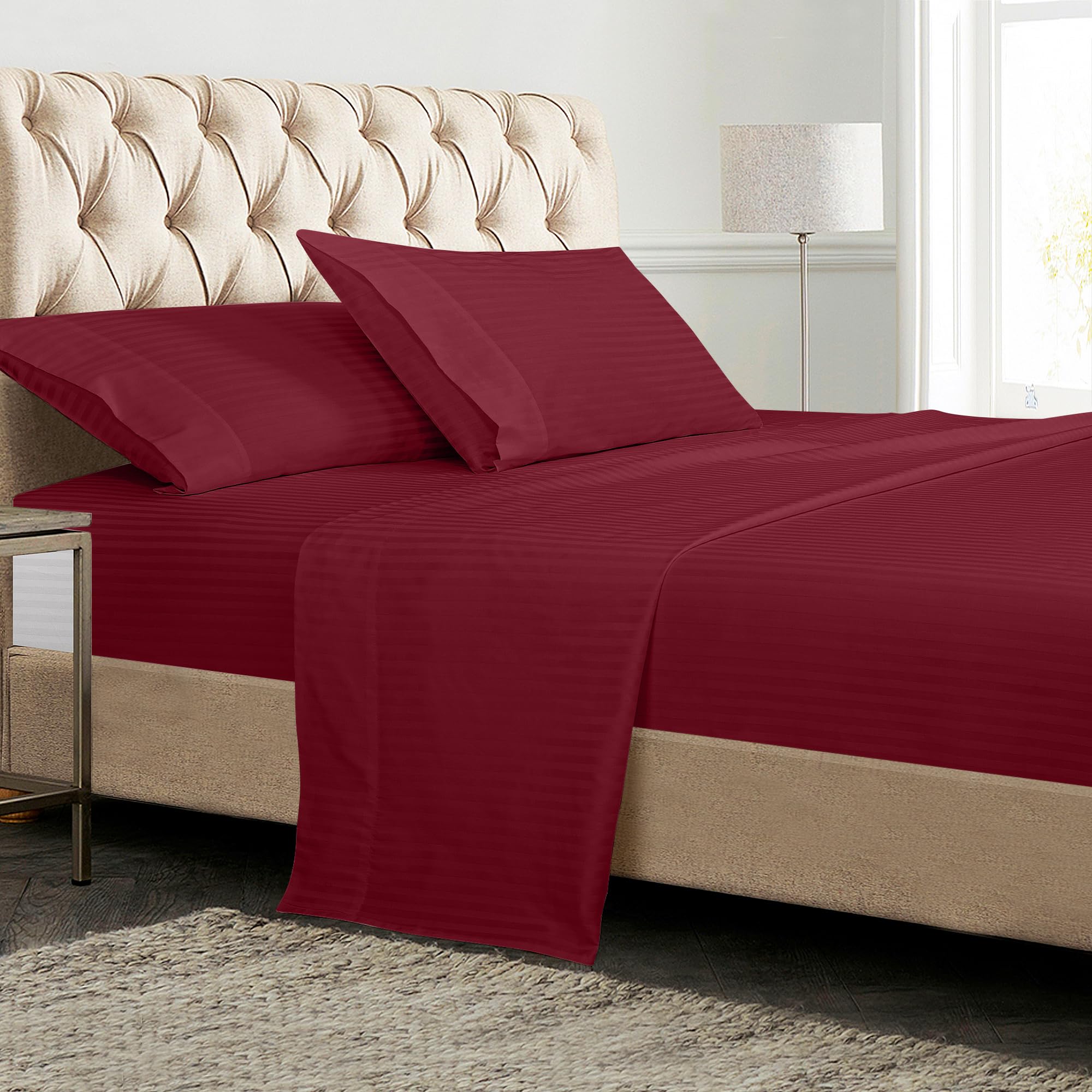 ROYALE LINENS 300 Thread Count 100% Long Staple Combed Cotton Printed Sheet Set - 4 Piece Bed Sheet - 1 Fitted Sheet, 1 Flat Sheet, 2 Pillow case -Cool & Crisp Sheet Set (Stripe Burgundy)