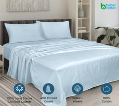 ROYALE LINENS 400 Thread Count 100% American Grown Cotton 4 Piece Sateen Sheet Set - 1 Fitted Sheet, 1 Flat Sheet, 2 Pillow case - Blue Bedsheet - Cotton Sheets - (Caribbean Blue)