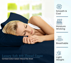 400 Thread Count 100% American Grown Cotton Flat Sheet - Cooling Sheets - Sheets - Luxury Sateen Weave - Flat Sheet Sold Separately - Navy Flat Sheet Only ( Rivera Navy)