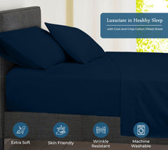 Royale Linens 400 Thread Count 100% American Grown Cotton Fitted Sheet  - All Around Elastic Fitted Sheet - Luxury Sateen Weave - Snug Fit Bottom Sheet Fit Up To 16 Inch ( Rivera Navy)