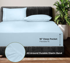 Royale Linen Bamboo Viscose Sheet Set - Cooling Bed Sheet Set - 1 Fitted 1 Flat & 2 Pillowcase - Fits Up to 16" - Organic Viscose Derived from Bamboo - Bedding Sheet &Pillowcase (LakeBlue)
