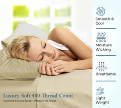 400 Thread Count 100% American Grown Cotton Flat Sheet - Cooling Sheets - Sheets - Luxury Sateen Weave - Flat Sheet Sold Separately - Sand Flat Sheet Only (Moroccan Sand)