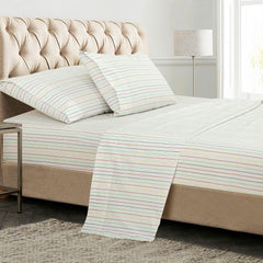 ROYALE LINENS 300 Thread Count 100% Long Staple Combed Cotton Printed Sheet Set - 4 Piece Bed Sheet - 1 Fitted Sheet 1 Flat Sheet 2 Pillowcase - Cool & Crisp Sheet Set ( Stripe Multicolor)