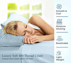 400 Thread Count 100% American Grown Cotton Flat Sheet - Cooling Sheets - Sheets - Luxury Sateen Weave - Flat Sheet Sold Separately - Soft Blue Flat Sheet Only (Caribbean Blue)