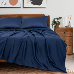 ROYALE LINENS 300 Thread Count 100% Long Staple Combed Cotton Sheet Set - 4 Piece Bed Sheet 1 Fitted Sheet, 1 Flat Sheet, 2 Pillow Case - Breathable, Cool & Crisp Percale Sheet Set (Navy)