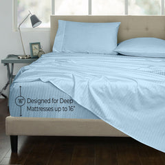 Royale Linens 300 Thread Count 100% Long Staple Combed Cotton Striped Sheet Set - 4 Piece Bed Sheet - 1 Fitted Sheet, 1 Flat Sheet, 2 Pillowcase -Cool & Crisp Sheet Set (Stripe Lake Blue)
