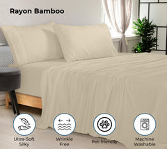 Royale Linens Bamboo Viscose Sheet Set - Cooling Bed Sheet Set - 1 Fitted, 1 Flat & 2 Pillowcase - Fits Up to 16" - Organic Viscose Derived from Bamboo - Bedding Sheet & Pillowcase (Sand)