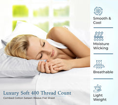 400 Thread Count 100% American Grown Cotton Flat Sheet - Cooling Sheets - Sheets - Luxury Sateen Weave - Flat Sheet Sold Separately - Soft White Flat Sheet Only ( Signature White)