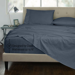 ROYALE LINENS 300 Thread Count 100% Long Staple Combed Cotton Striped Sheet Set - 4 Piece Bed Sheet - 1 Fitted Sheet, 1 Flat Sheet, 2 Pillow case - Cool & Crisp Sheet Set (Stripe Navy)
