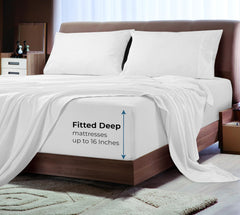 Royale Linens Bamboo Viscose Fitted Sheet Only - Cooling Fitted Sheets - Deep Pocket Upto 16" - Organic Viscose Derived from Bamboo - Breathable &Silky Bottom Sheet (White)