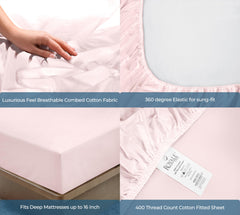 Royale Linens 400 Thread Count 100% American Grown Cotton Fitted Sheet  - All Around Elastic Fitted Sheet - Luxury Sateen Weave - Snug Fit Bottom Sheet Fit Up To 16 Inch ( Kyoto Blush)