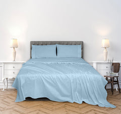 Royale Linens 300 Thread Count 100% Long Staple Combed Cotton Striped Sheet Set - 4 Piece Bed Sheet - 1 Fitted Sheet, 1 Flat Sheet, 2 Pillowcase -Cool & Crisp Sheet Set (Stripe Lake Blue)