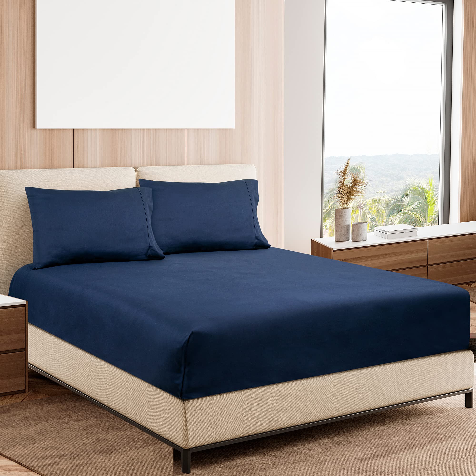 ROYALE LINENS 300 Thread Count 100% Long Staple Combed Cotton Sheet Set - 4 Piece Bed Sheet 1 Fitted Sheet, 1 Flat Sheet, 2 Pillow Case - Breathable, Cool & Crisp Percale Sheet Set (Navy)