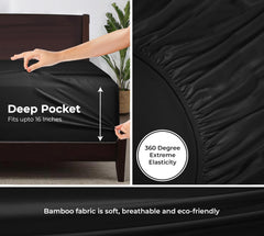 Royale Linens Rayon Derived Bamboo Viscose Fitted Sheet Only - Cooling Fitted Sheets for Bed - Deep Pocket Up to 16" - Organic Viscose Derived from Bamboo - Breathable Bottom Sheet (Black)