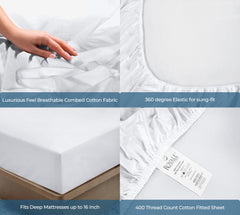Royale Linens 400 Thread Count 100% American Grown Cotton Fitted Sheet - All Around Elastic Fitted Sheet - Luxury Sateen Weave - Snug Fit Bottom Sheet Fit Up To 16" ( Signature White)