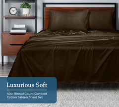 ROYALE LINENS 400 Thread Count 100% American Grown Cotton 4 Piece Sateen Sheet Set - 1 Fitted Sheet, 1 Flat Sheet, 2 Pillow case - Brown Bedsheet - Cotton Sheets - ( Hazel Nut)