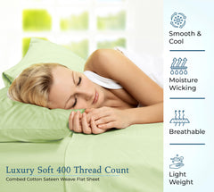 400 Thread Count 100% American Grown Cotton Flat Sheet - Cooling Sheets - Sheets - Luxury Sateen Weave - Flat Sheet Sold Separately - Soft Green Flat Sheet Only ( Florentine Sage)