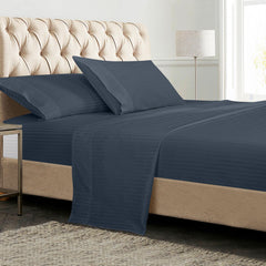 ROYALE LINENS 300 Thread Count 100% Long Staple Combed Cotton Striped Sheet Set - 4 Piece Bed Sheet - 1 Fitted Sheet, 1 Flat Sheet, 2 Pillow case - Cool & Crisp Sheet Set (Stripe Navy)