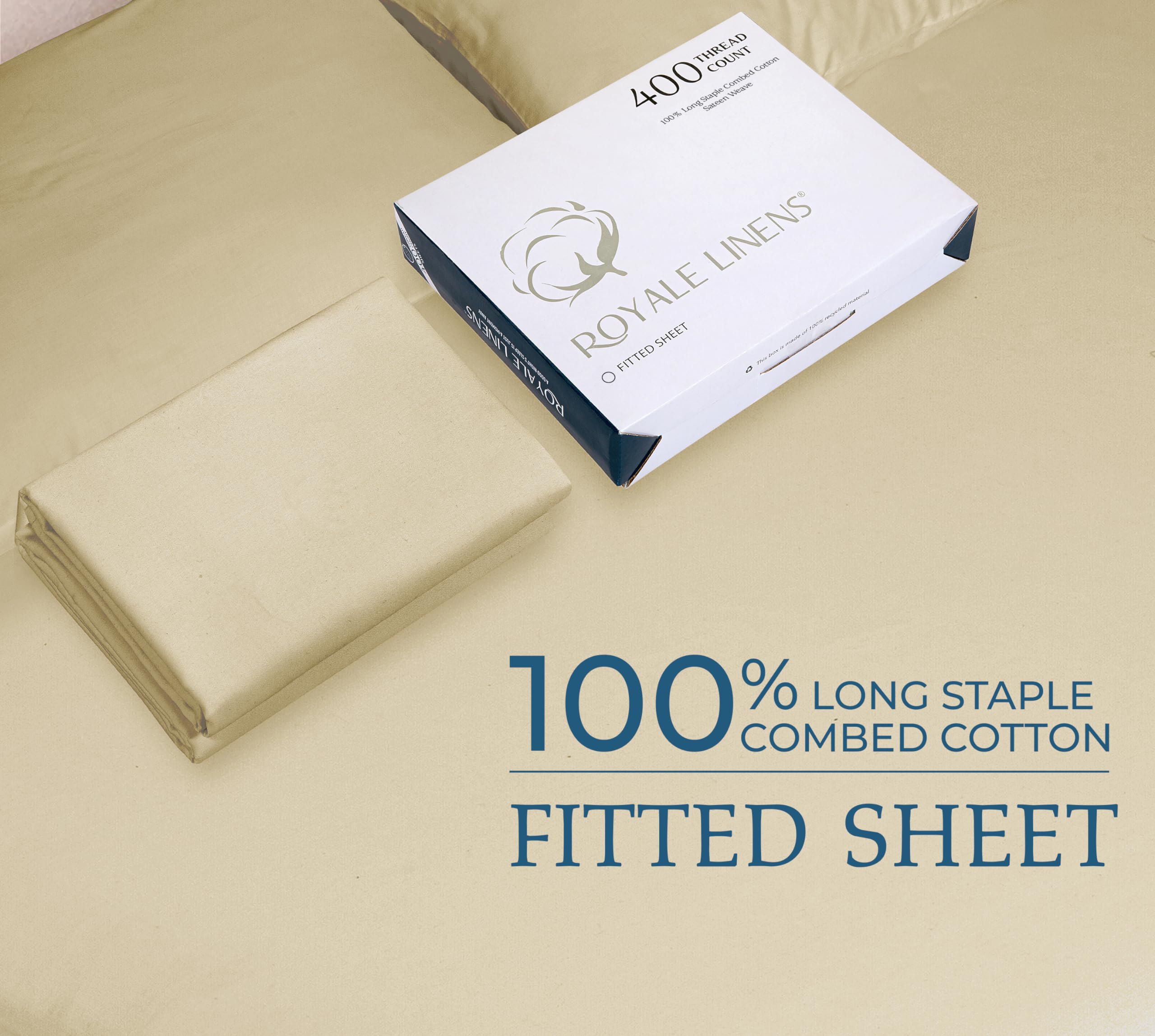 ROYALE LINENS 400 Thread Count 100% American Grown Cotton Fitted Sheet - All Around Elastic Fitted Sheet - Luxury Sateen Weave - Snug Fit Bottom Sheet Fit Up to 16" (Moroccan Sand)
