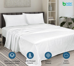 ROYALE LINENS 400 Thread Count 100% American Grown Cotton 4 Piece Sateen Sheet Set - 1 Fitted Sheet, 1 Flat Sheet, 2 Pillow case - White Bedsheet - Cotton Sheets - ( Signature White)